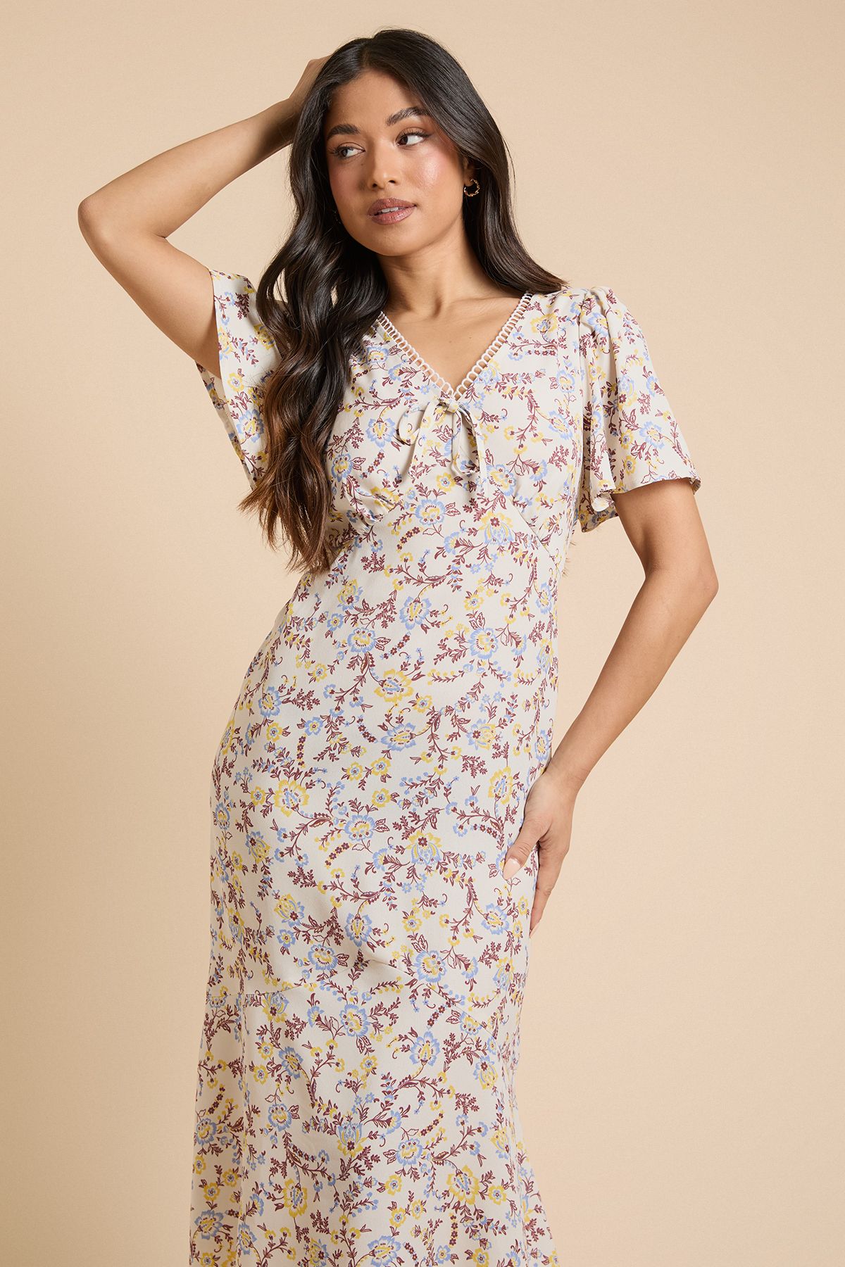 Dorothy Perkins Petite Lace Trim Angel Sleeve Maxi Dress
