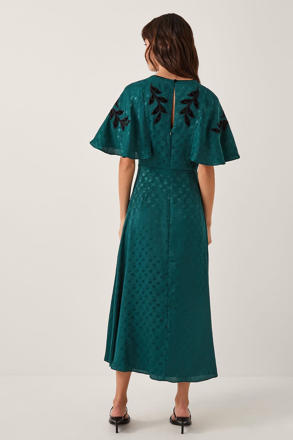 Monsoon Bianca Embroidered Floral Cape Midi Dress Green