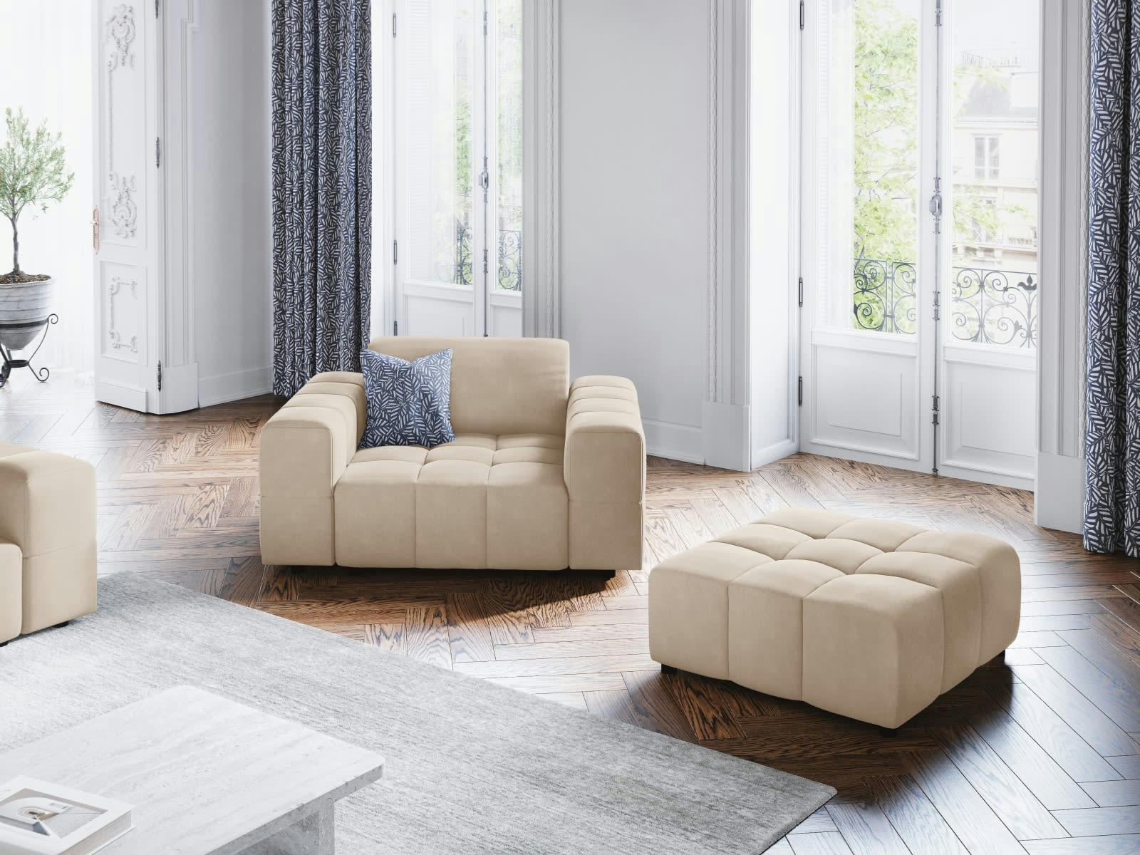 LUC - Fauteuil en tissu velours beige clair