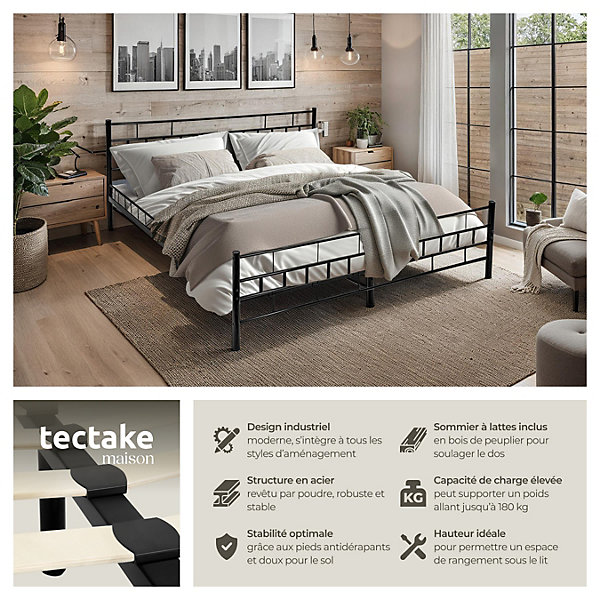 Lit design moderne en acier avec sommier 140 x 200 cm noir