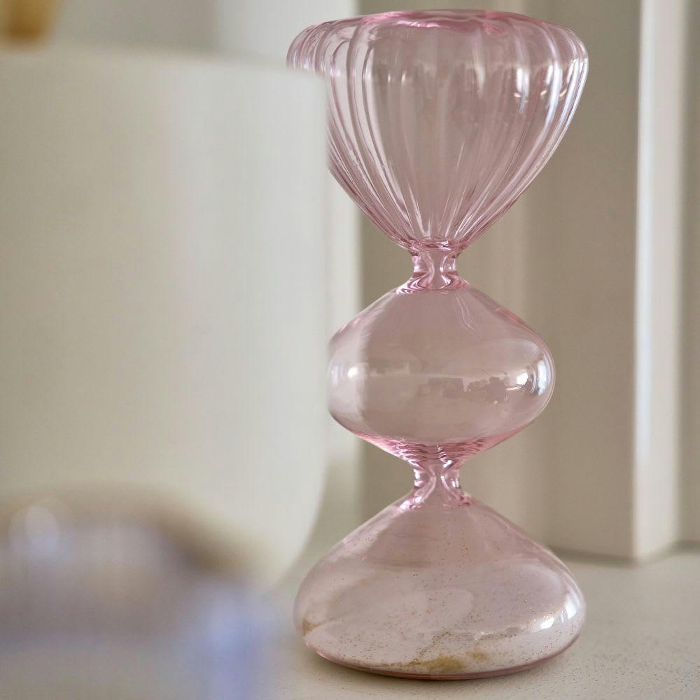 ESTHER - Sablier en verre rose, sable blanc et paillettes dorées