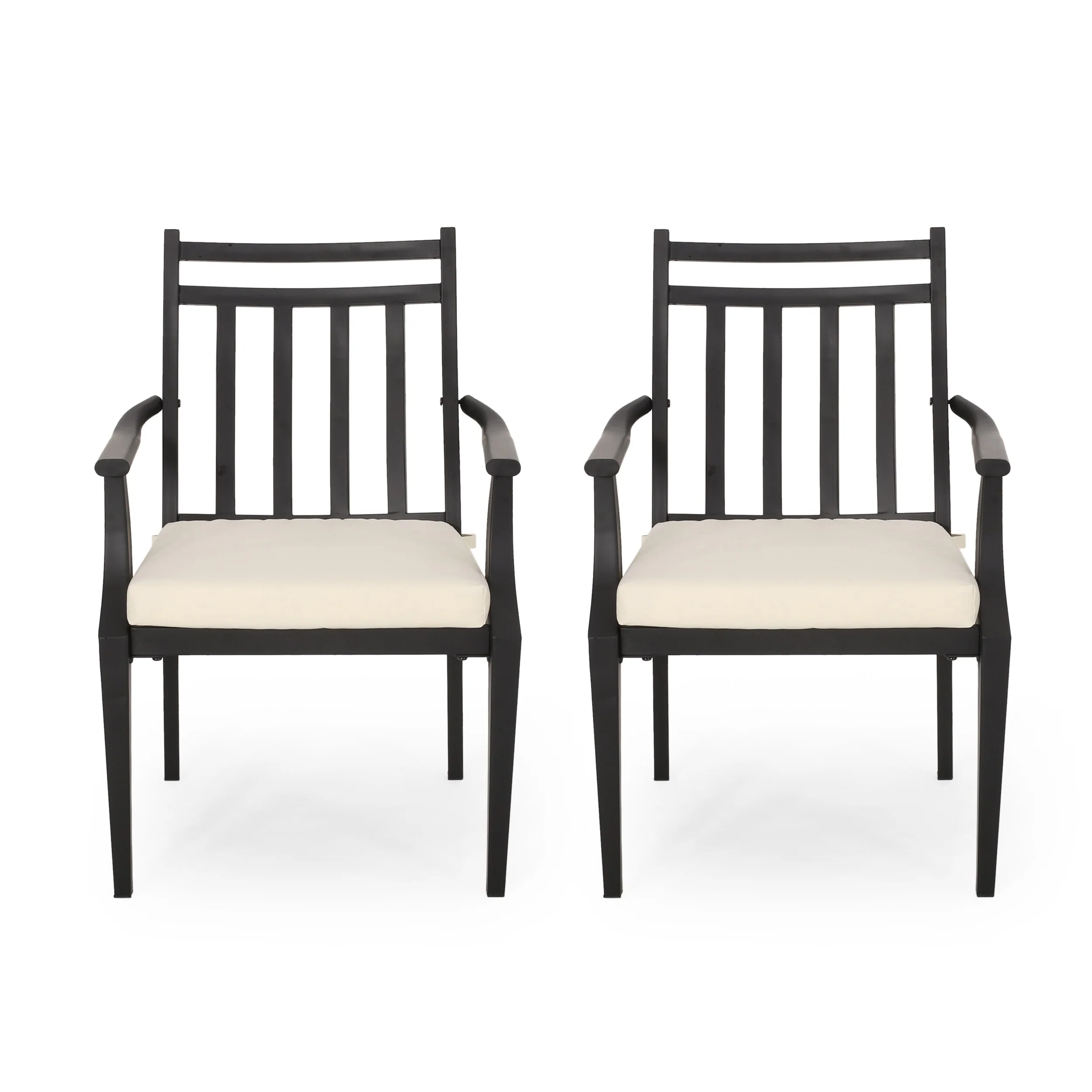 Roomfitters Metal Outdoor Dining Chairs Set of 2, Armrest Patio Seating with White Cushions, Weather-Resistant, Black