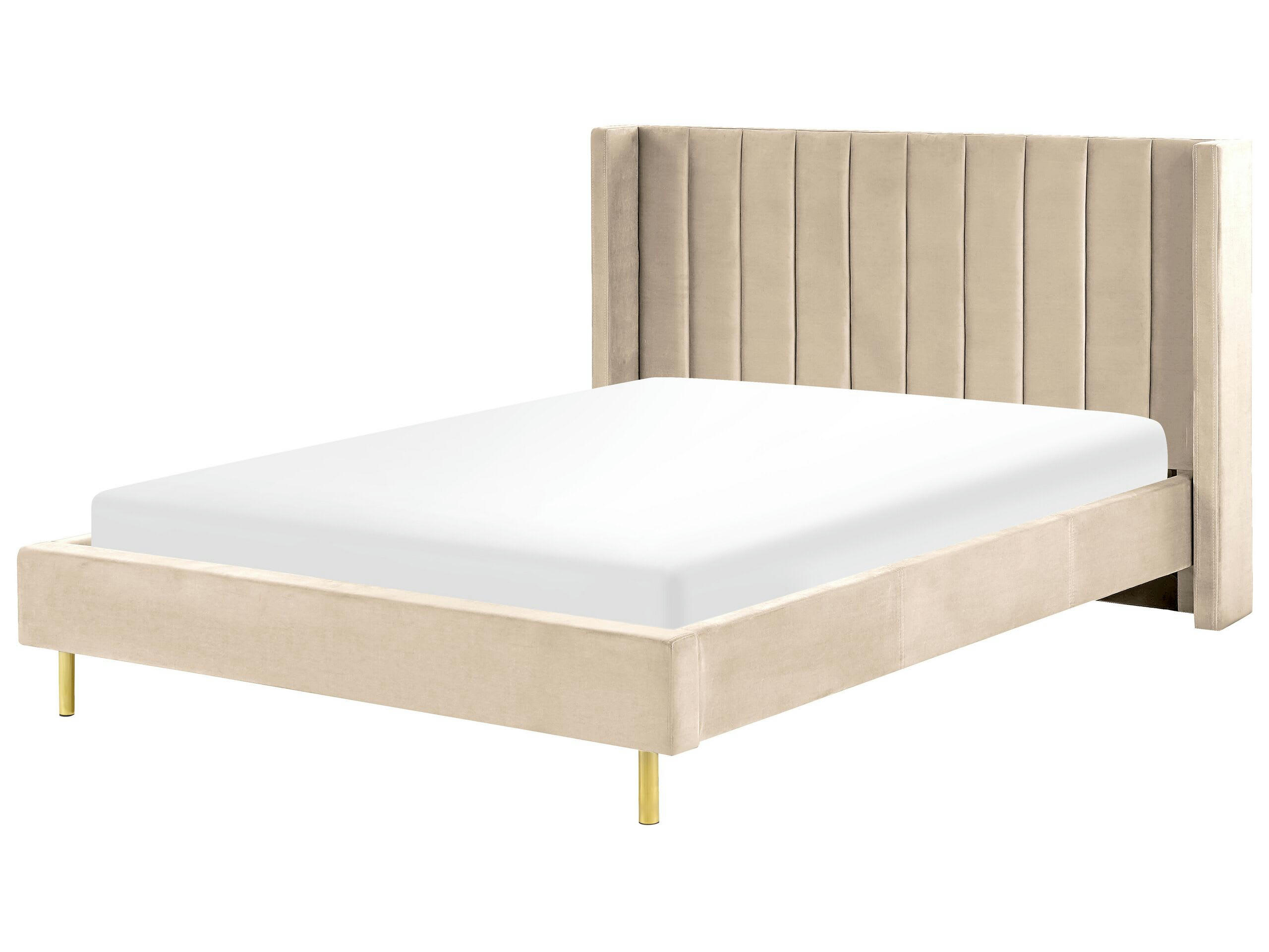VILLETTE - Lit double en tissu beige 160x200