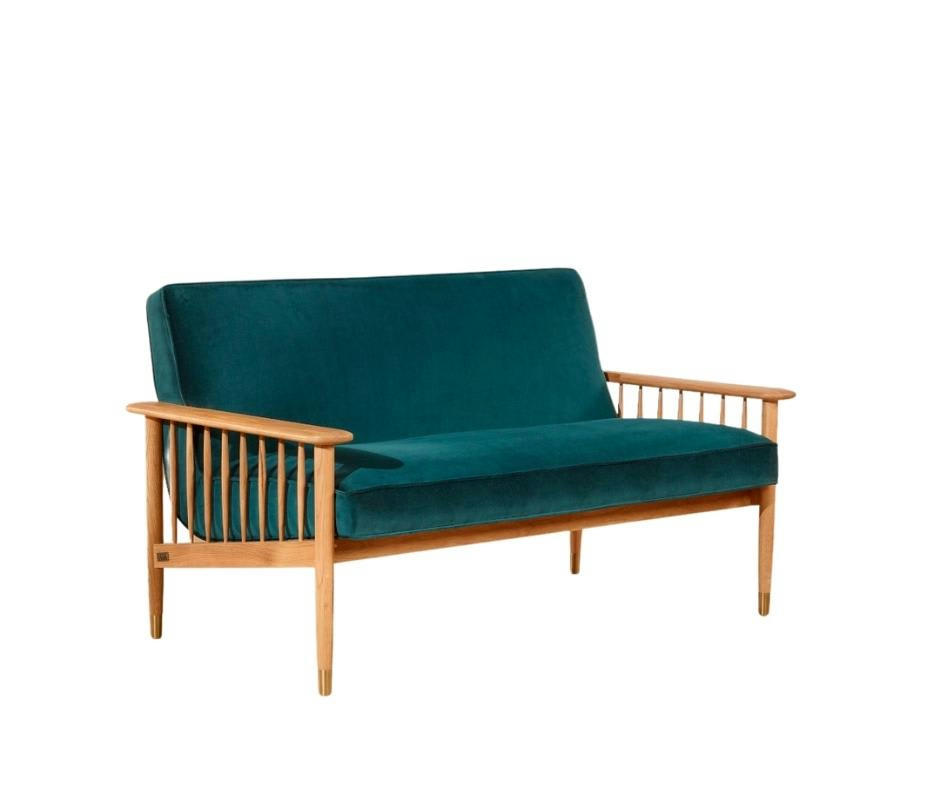 ALBERTINE - Banquette 2 places en chêne massif et velours bleu paon