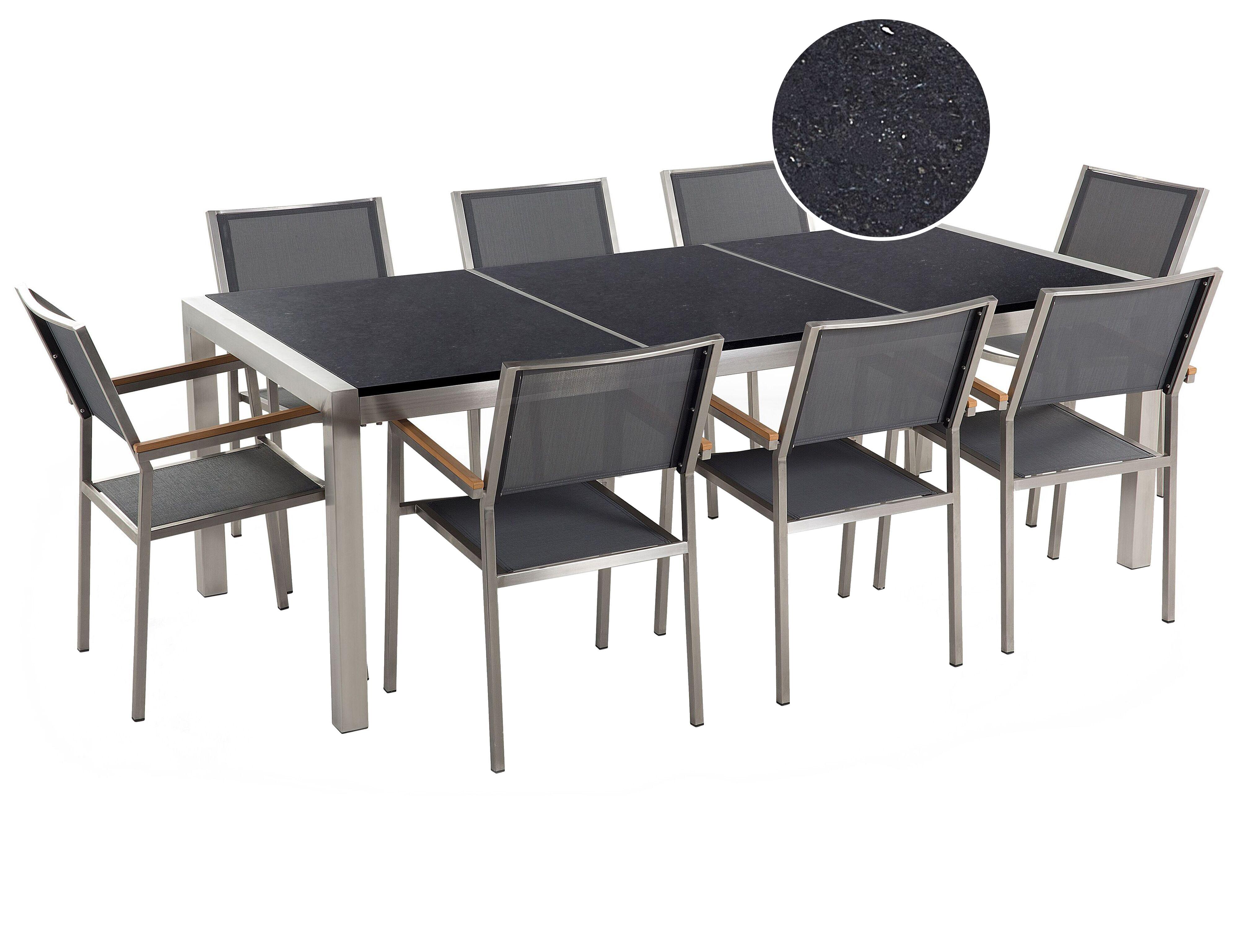 Garden Dining Set 6 Seater GROSSETO Triple Plate Granite Polished Grey/ Black