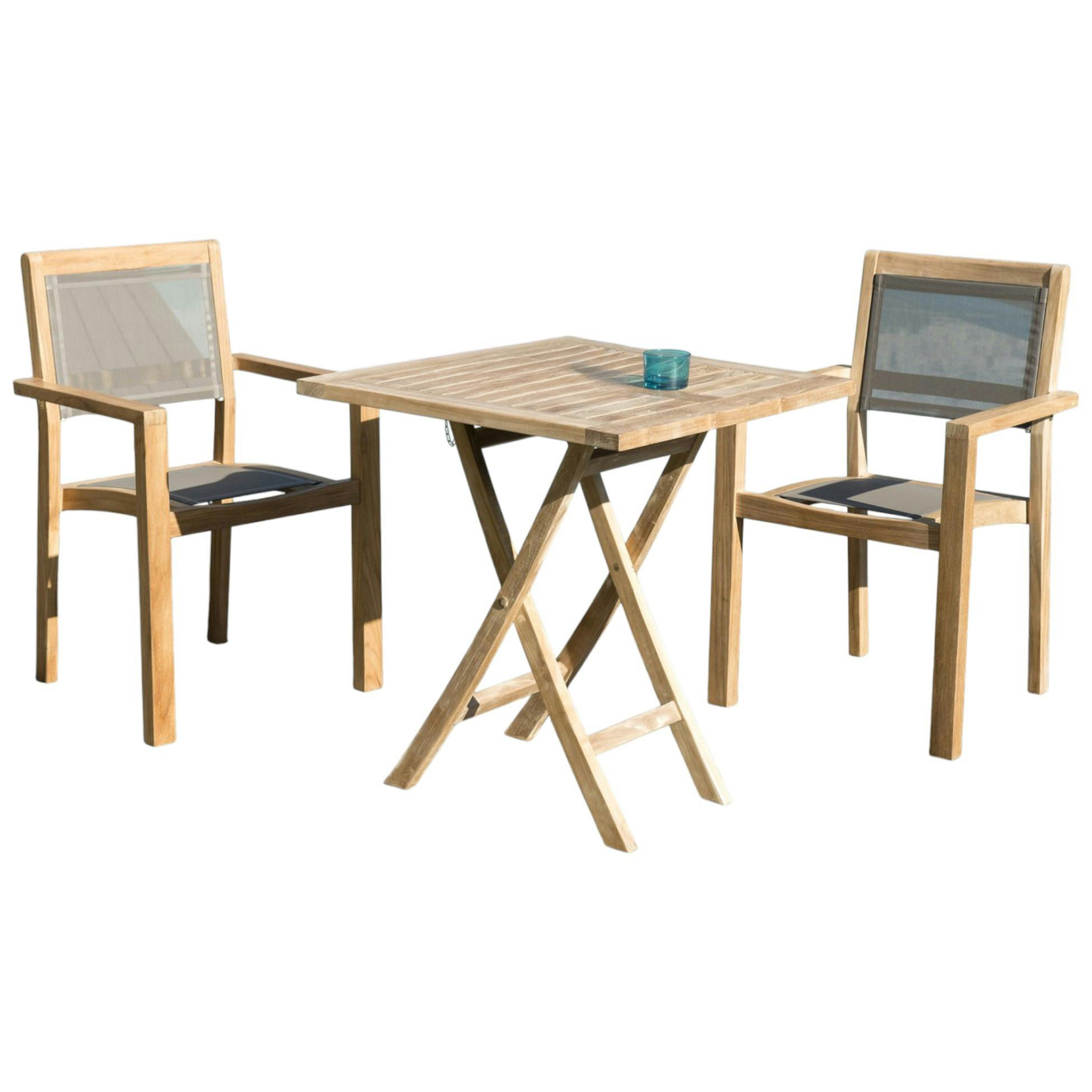 Salon de jardin 2 places en teck, 1 table   2 fauteuils empilables SUMMER