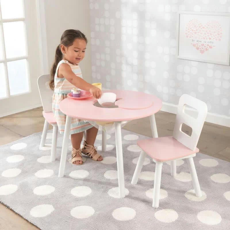 - Ensemble table avec rangement et 2 chaises rose