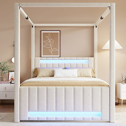 Lit double capitonné 140x200cm - Lit à baldaquin - Avec lit gigogne et 3 tiroirs - éclairage LED - Beige (matelas non inclus)