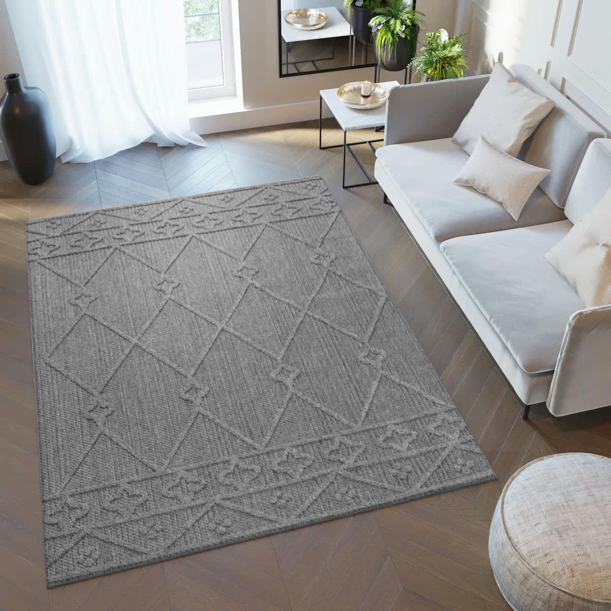 JUDE - Tapis effet jute naturel à relief géométrique gris 80x250cm