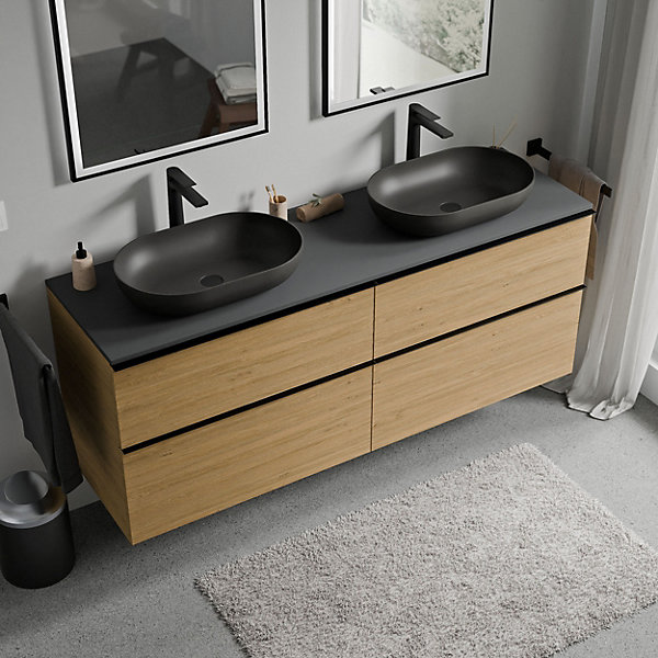 Meuble sous vasque suspendu MDF Chêne miel, plan vasque Anthracite mat, poignée Chrome - 160x46x62cm - LAVOA