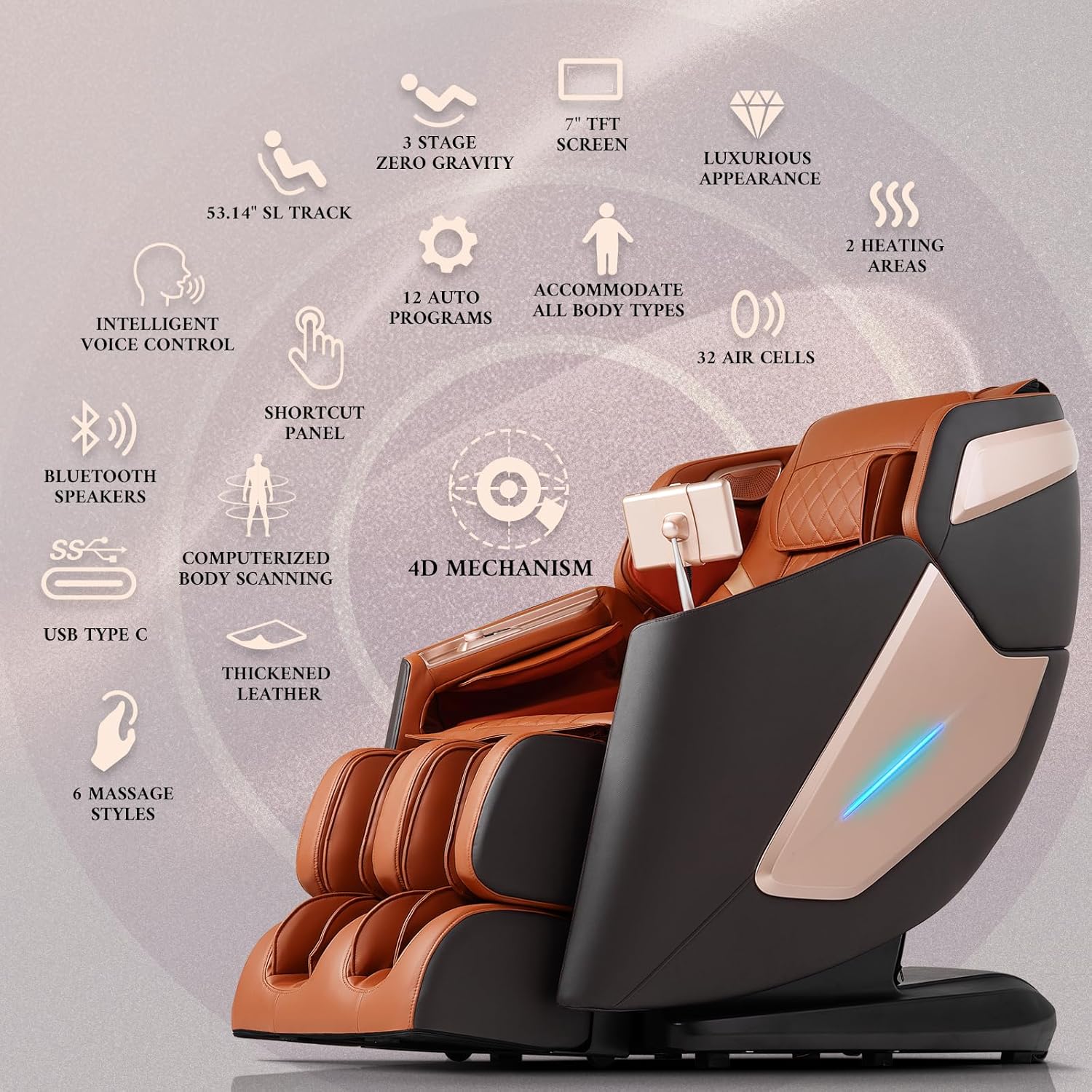 4D Massage Chair, Full Body Massage Chair, Zero Gravity Recliner w/ Intelligent Voice Control, 53.14 SL Track, Electric Calfrest Extension, 12 Auto Modes, USB Type-C, Bluetooth Speaker, TFT Screen
