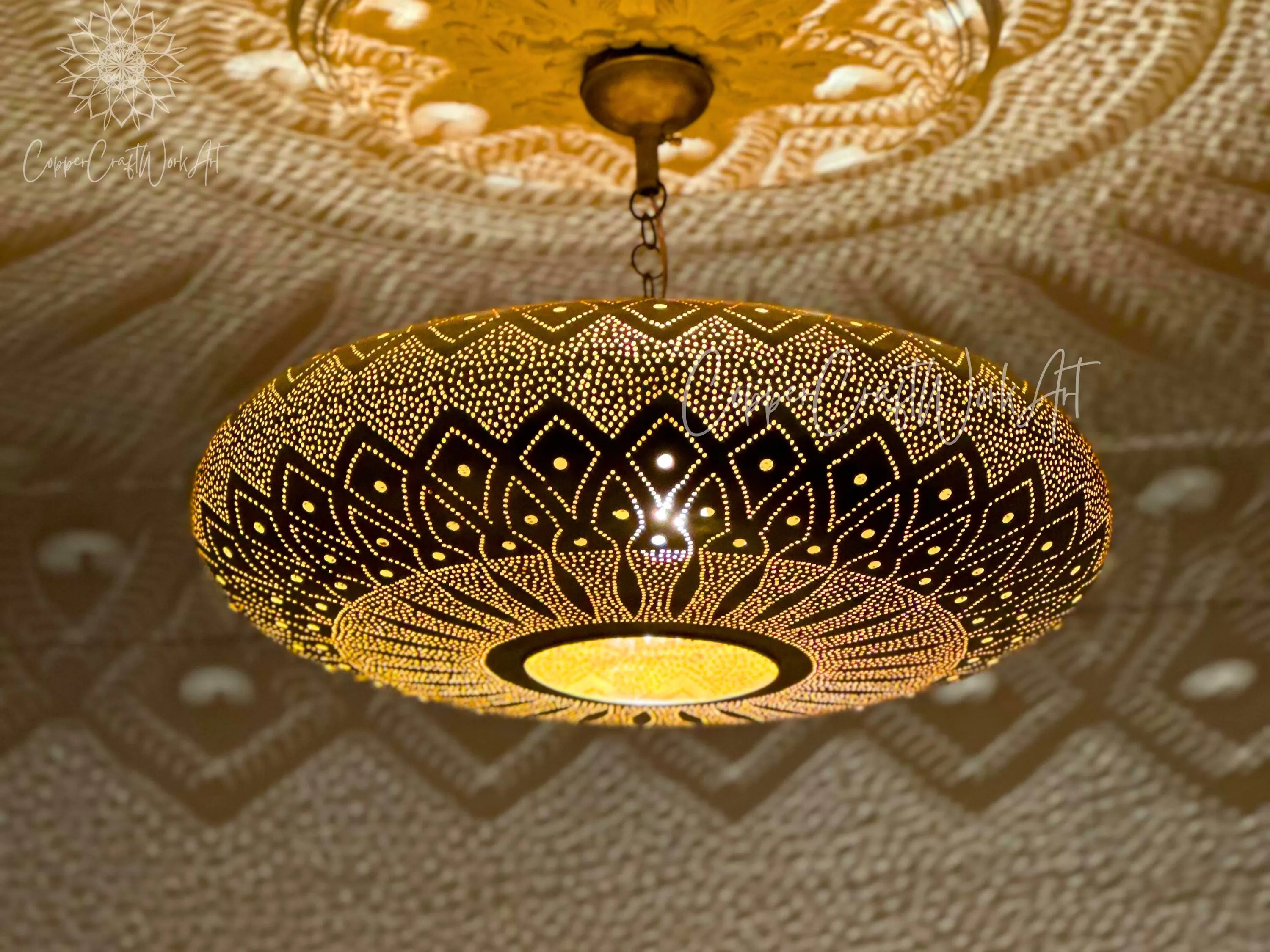 Handcrafted Moroccan Copper Chandelier – Bohemian Brass Pendant Light with Engraved Design – 5 Color Options – Intricate Ceiling Lighting