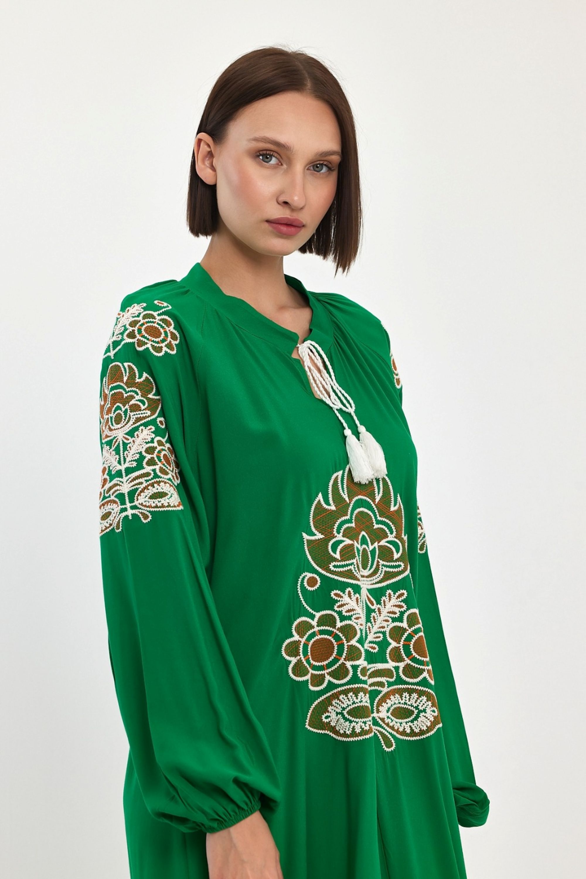 Belissh Embroidered Maxi Dress with Tie Neck Detail in Green