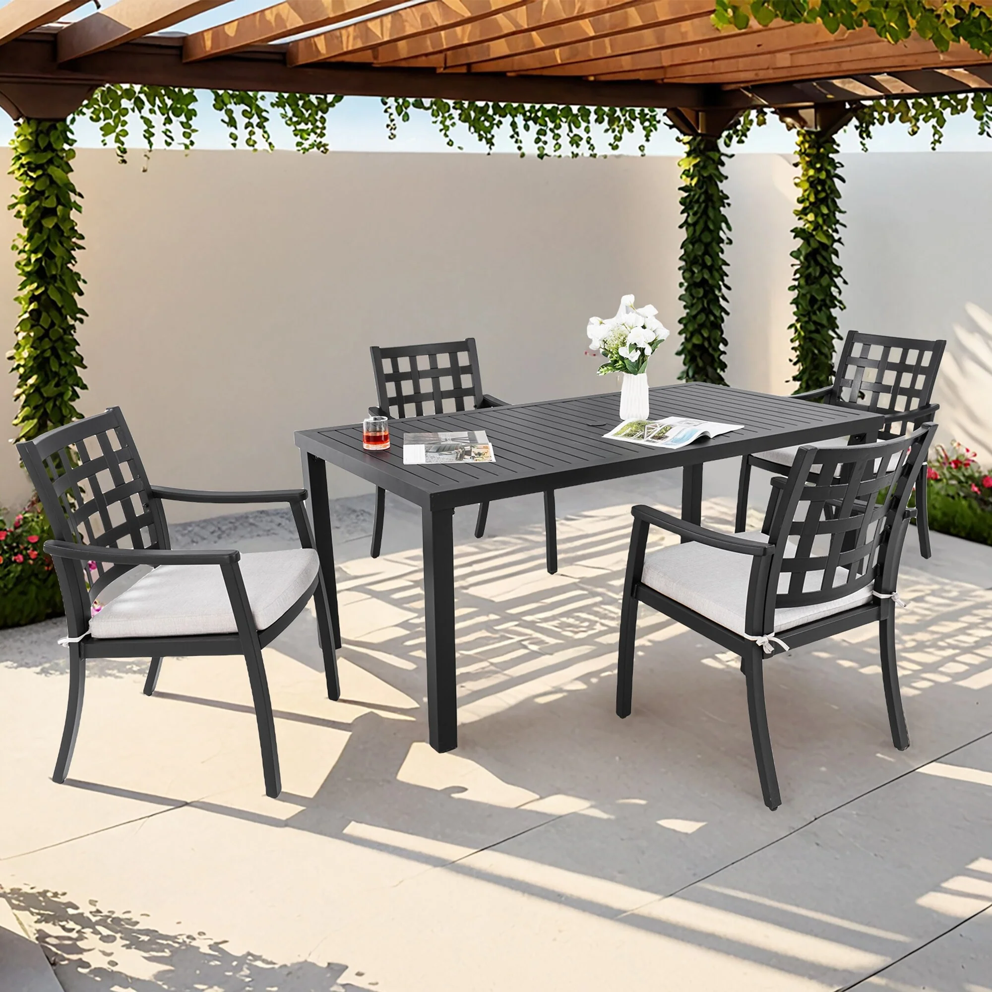 Modern Classic 5-Piece Patio Dining Collection - Rectangular Cast Aluminum Table With 4 Matching Chairs4.