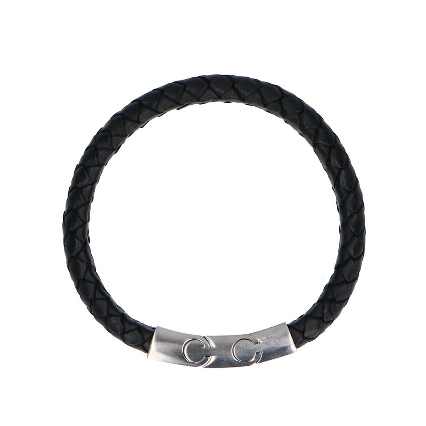 Manfield Zwarte leren gevlochten heren armband