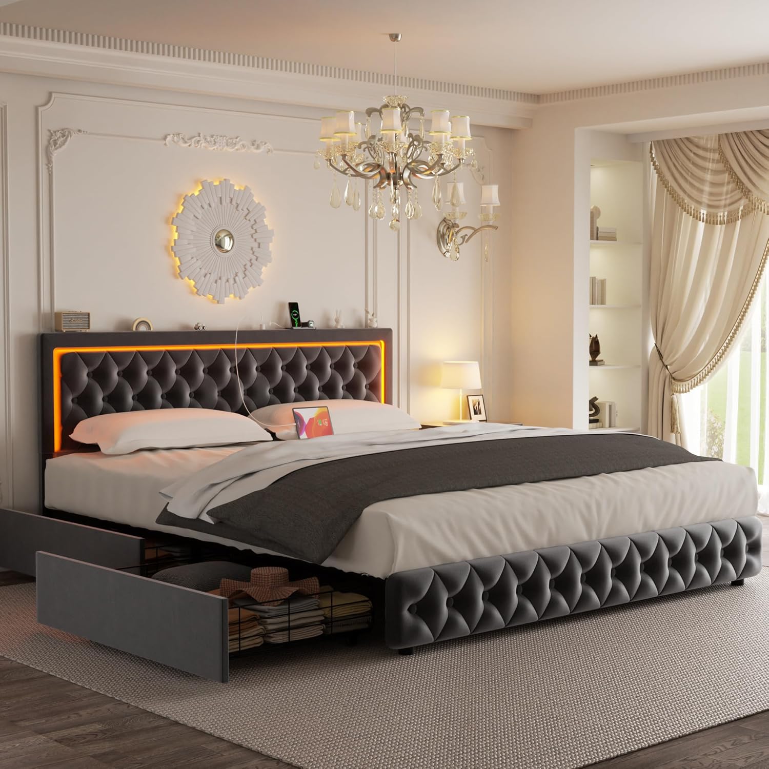 Queen Bed Frame with 4 Storage Drawers, Velvet Upholstered Bed Frame Queen Size with Charging Station and LED Lights, 46 Adjustable Button Tufted Headboard, No Box Spring Needed, Grey