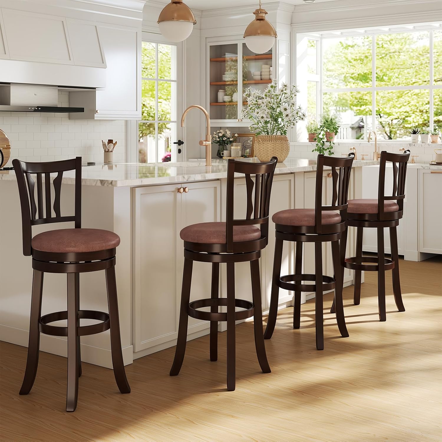 COSTWAY 30 Bar Height Stools Set of 4, Swivel High-Top Chairs with Backrest & Faux Leather Padded Seat, Rubber Wood Counter Barstools with Footrest for Kitchen Islands, Dining Room, Pub (4,30'')