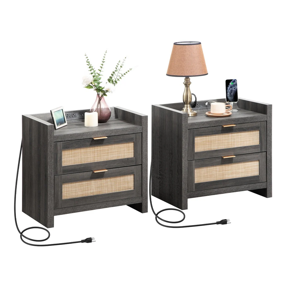 SICOTAS Farmhouse Set of 2 Nightstand with Charging Station and Drawers