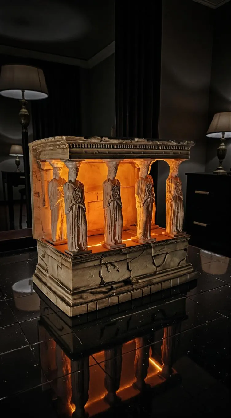 Illuminated Caryatid Temple - Handmade Antique Resin Erechtheion Porch Model with Amber LED Lighting