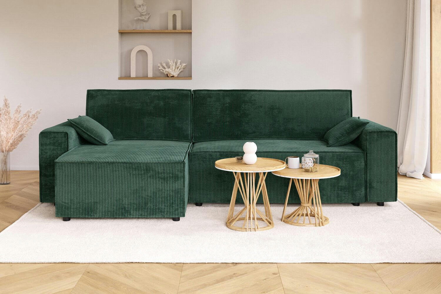 MARIUS - Canapé d'angle convertible en velours côtelé 4 places vert