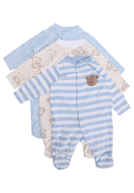 Baby Boys 3pk Light Blue Bear Sleepsuits