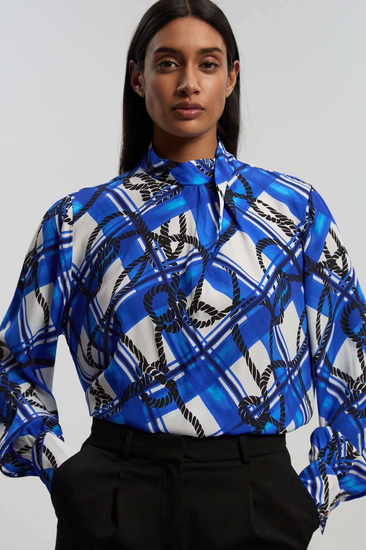 KarenMillen Rope Print Viscose Crepe Balloon Sleeve Blouse