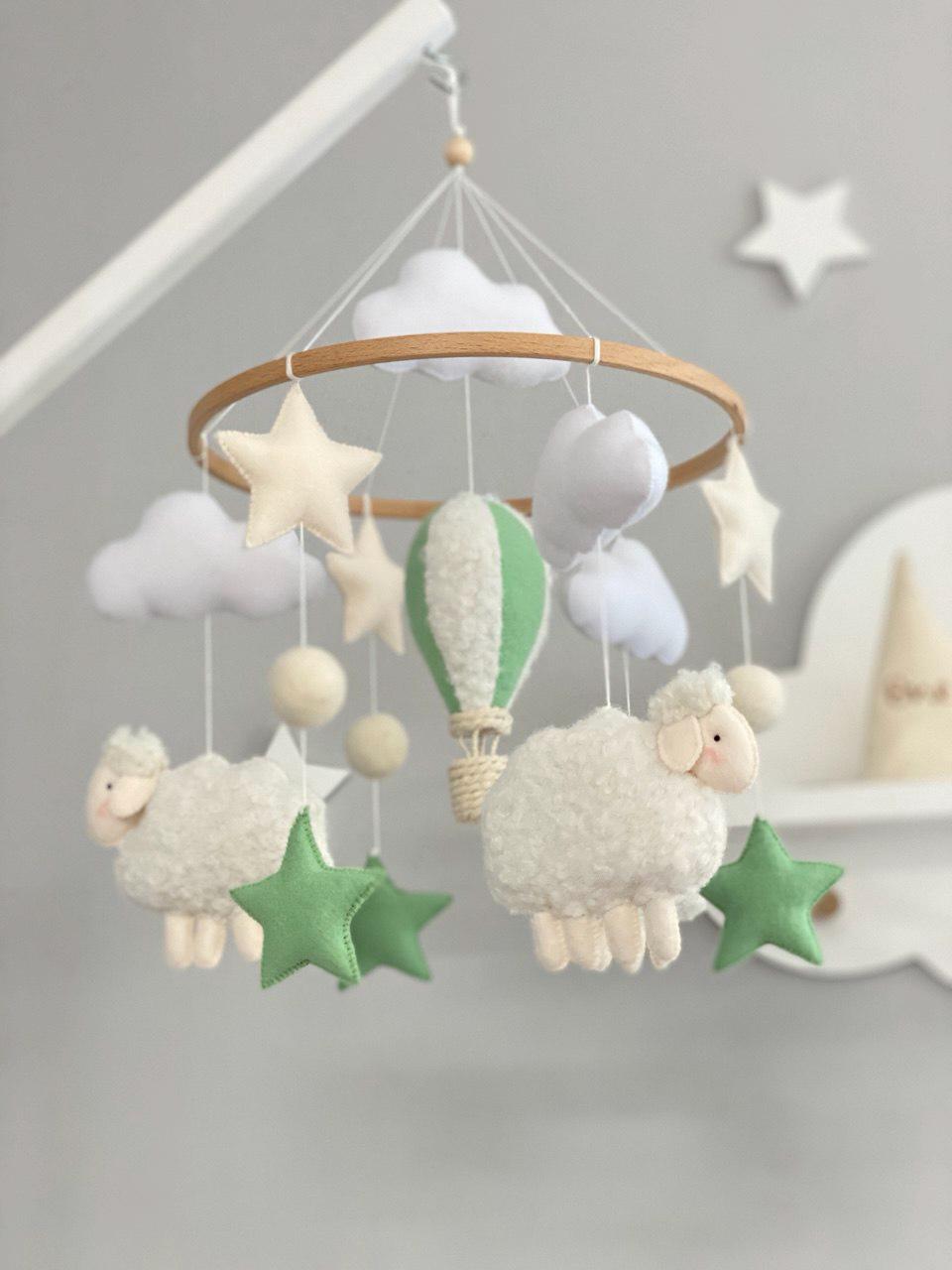 Sheep Baby Nursery Green Mobile Hot Air Balloon Boy Girl Hanging Felt Decor