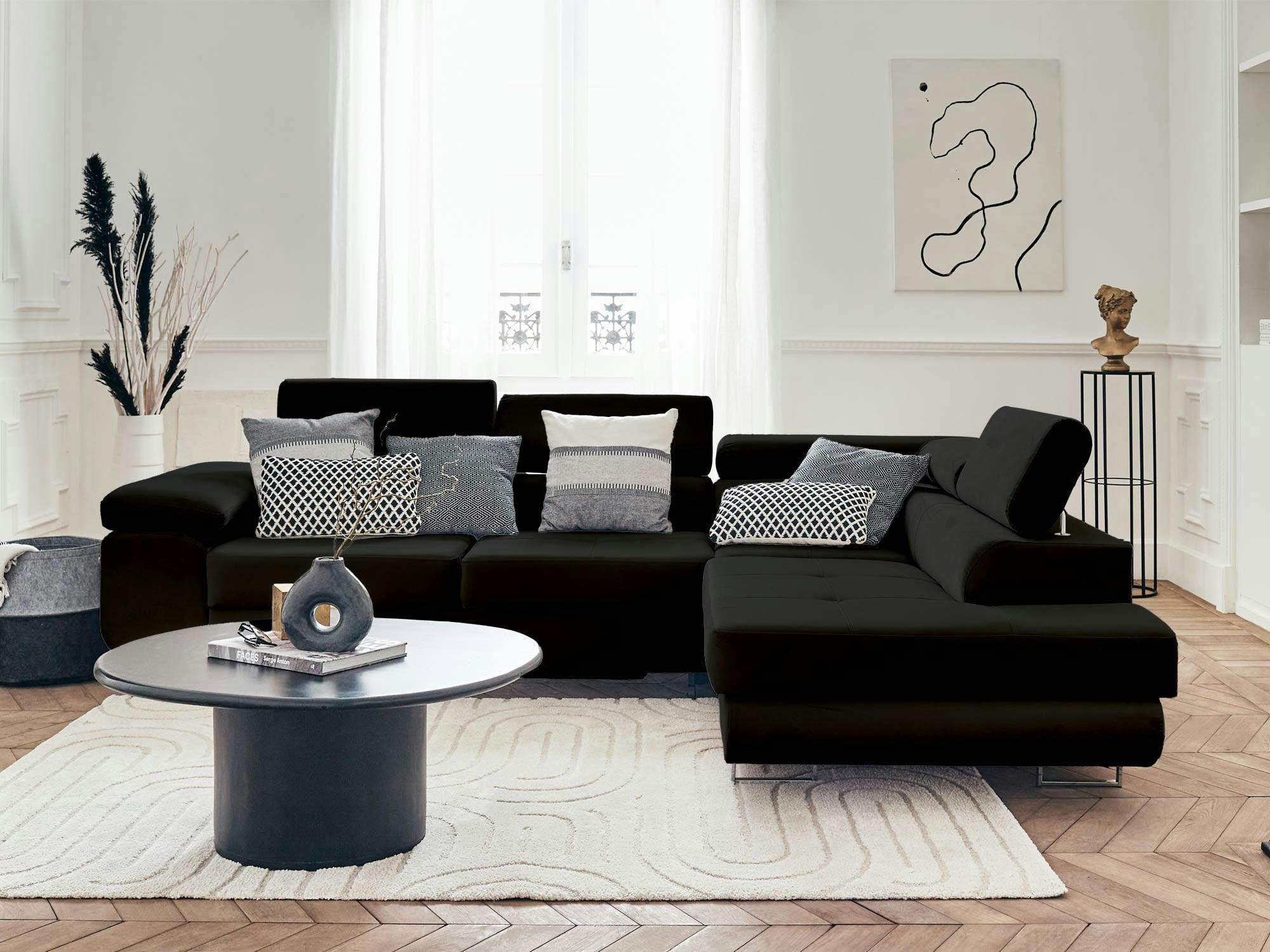 PABLO - Canapé d'angle droit convertible 5 places en velours noir