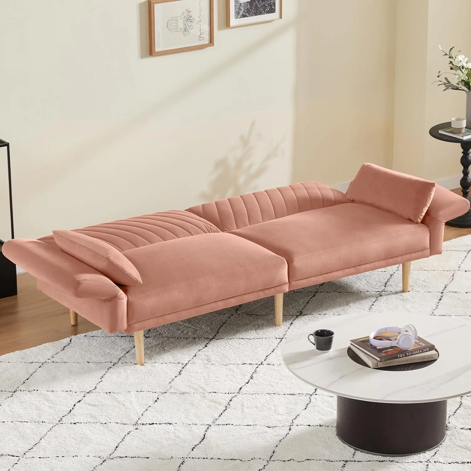 Light Pink Modern 78 Loveseat Futon Convertible Sofa Bed with 2 Pillows and Backrest for Living Room