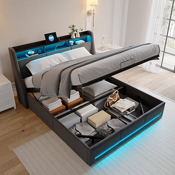 Lit coffre 140x200cm rembourré en tissu lin - avec LED et Ports de charge - avec sommier à lattes - Gris