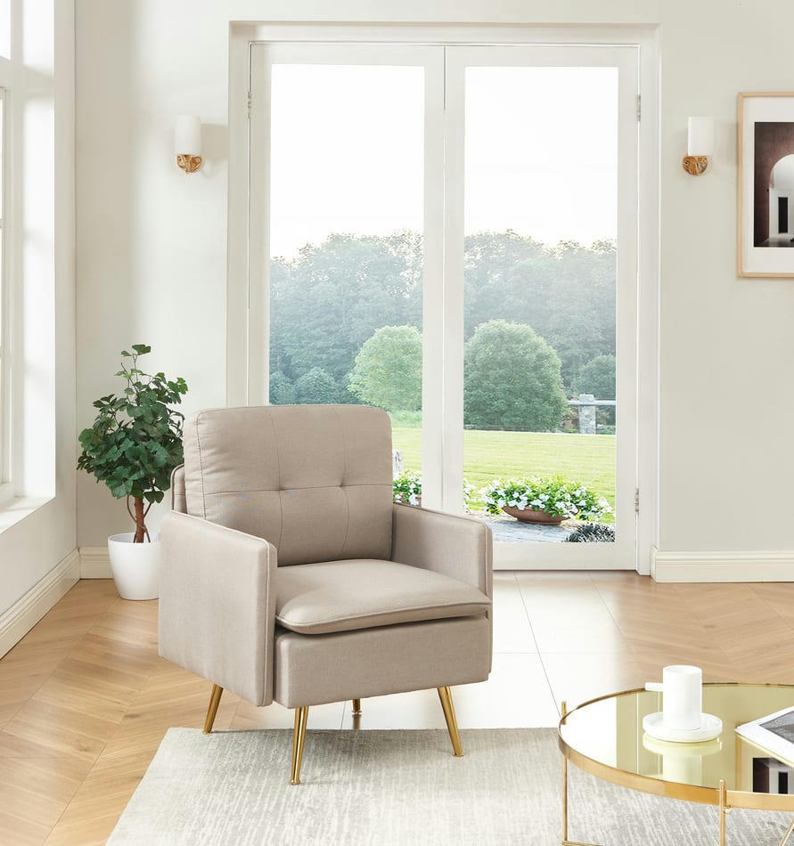 ADAM - Fauteuil  tissu grège avec piètement en métal doré