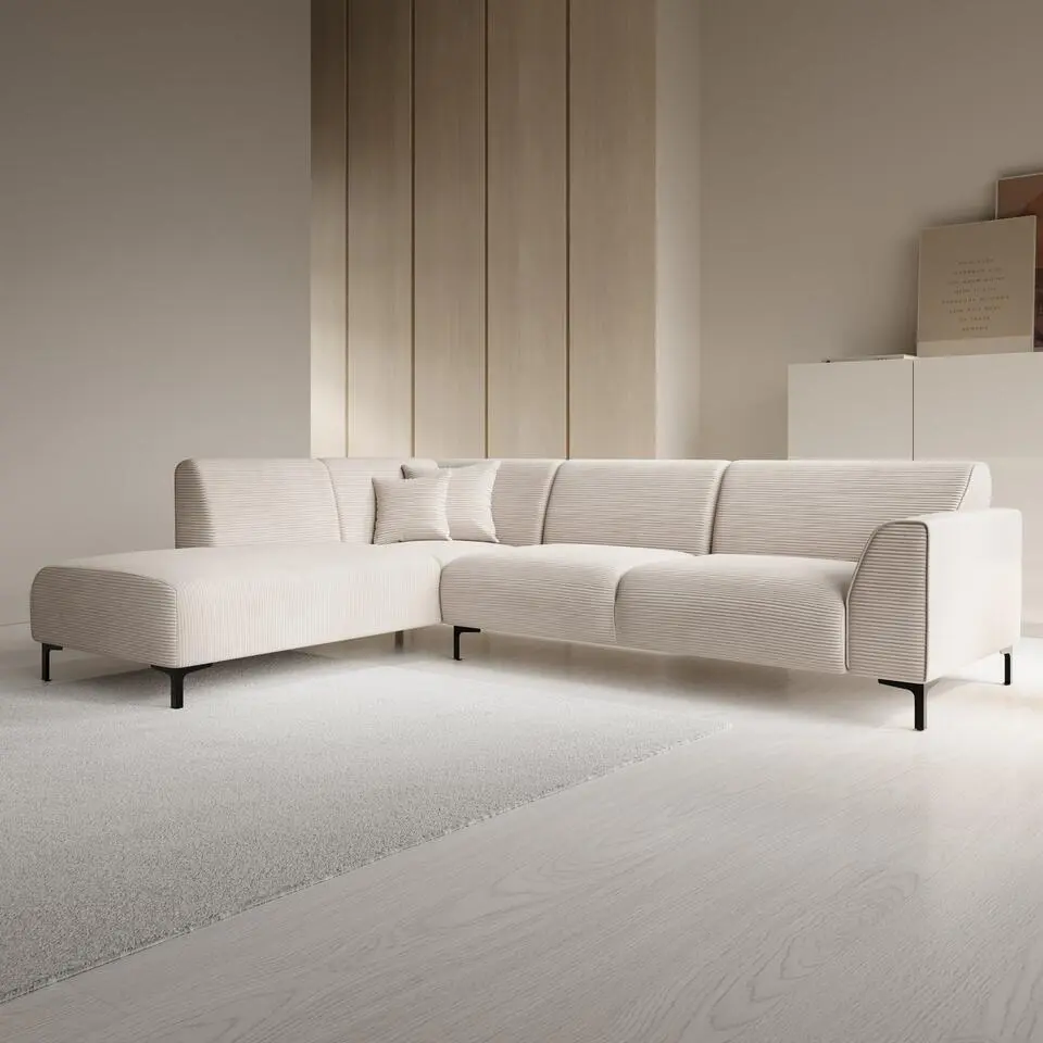 Meubella - Moana - Hoekbank 4-zits met chaise longue - Ribstof beige - Links