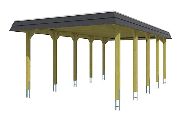 Carport SKAN HOLZ Spreewald 396x741cm, toit en aluminium, bandeau noir, bois résineux imprégné vert
