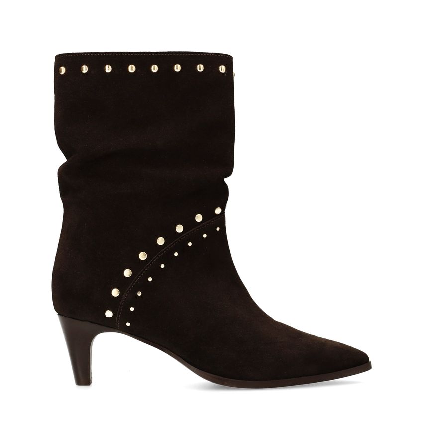 Manfield Donkerbruine suède enkellaarsjes met studs