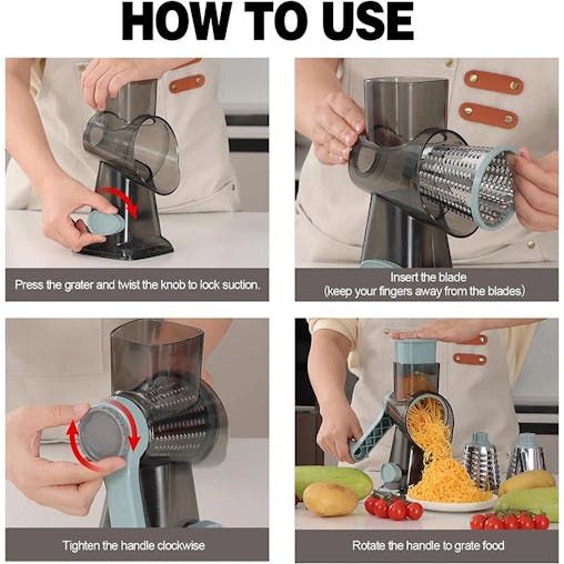 NNEOBA 3-in-1 Rotary Cheese Grater &ndash; Versatile Manual Vegetable Slicer & Nut Grinder (Blue)