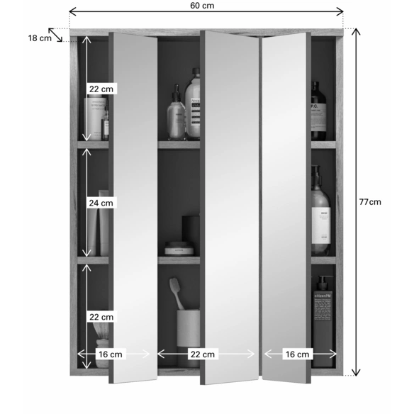 Spiegelschrank, grau, Holzwerkstoff, BxHxT: 60 x 77 x 18 cm