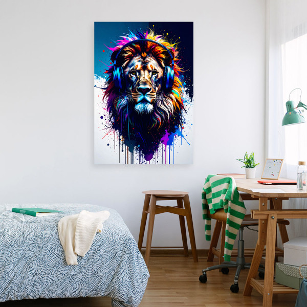 Obraz młodzieżowy, DJ Lew w słuchawkach Muzyka Kolorowy 20x30