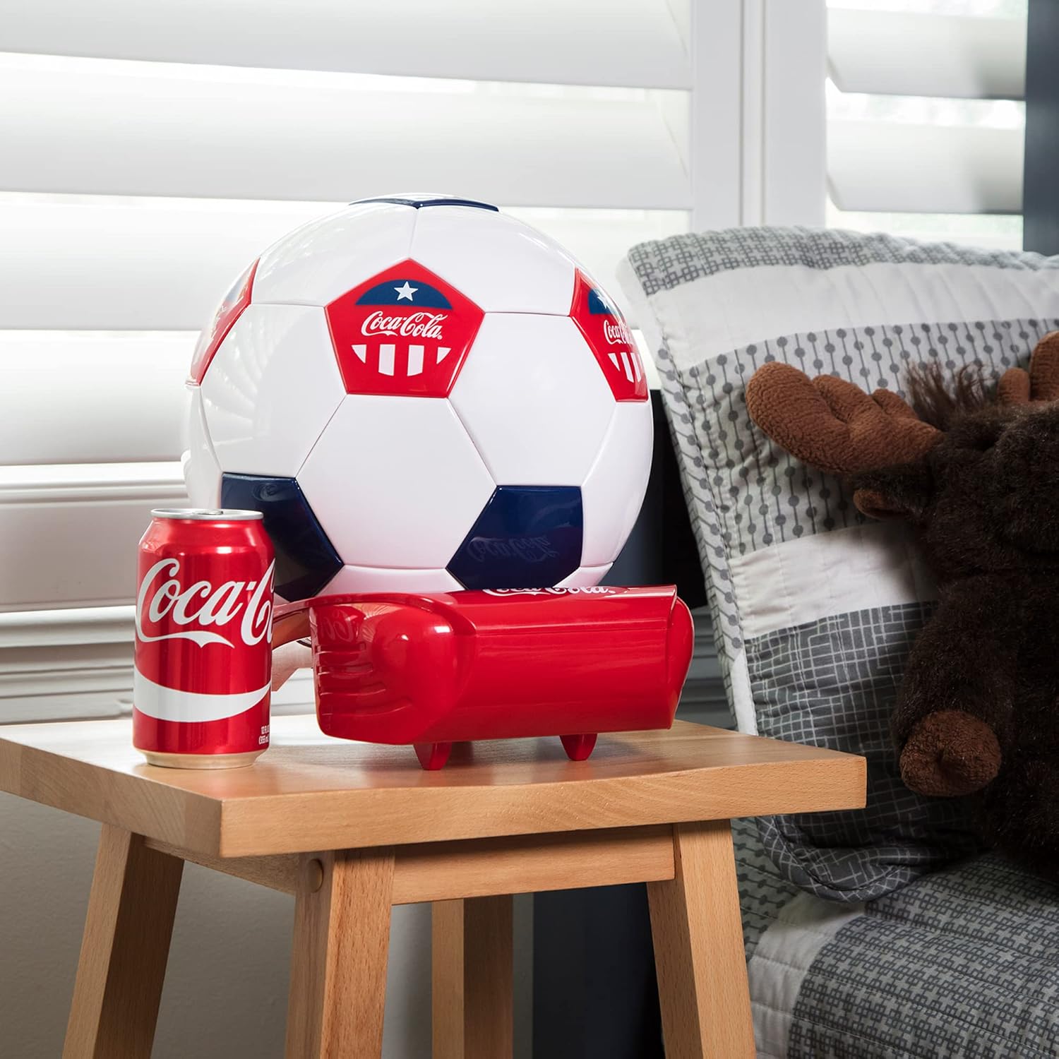 Coca-Cola Soccer Ball 5 Can Cooler, 12V DC/110V AC Cooler, for home, dorm, office, travel, camping, car, boat, truck, beverages, snacks, skincare, cosmetics, medication
