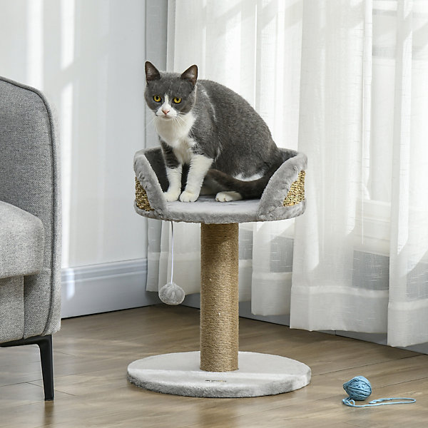 Arbre à chat griffoir 2 niveaux H. 49 cm - poteau sisal, plateforme observation, jeu de boule suspendue - jute polyester gris