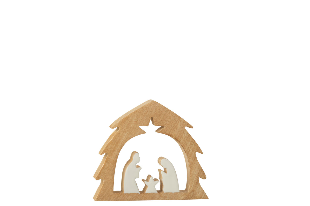 J-Line decoratie Kerststal Boom - hout - wit/naturel - small