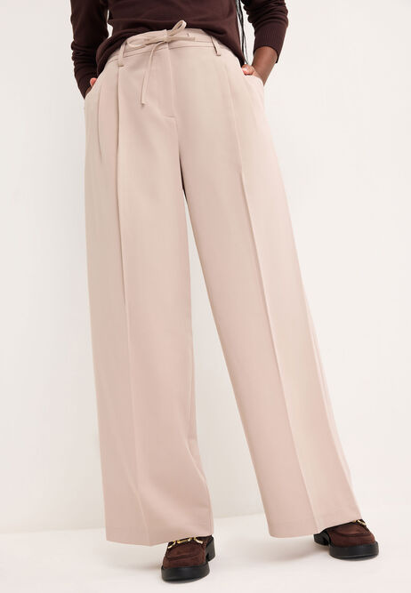 Womens Beige Pleated Wide Leg Trousers