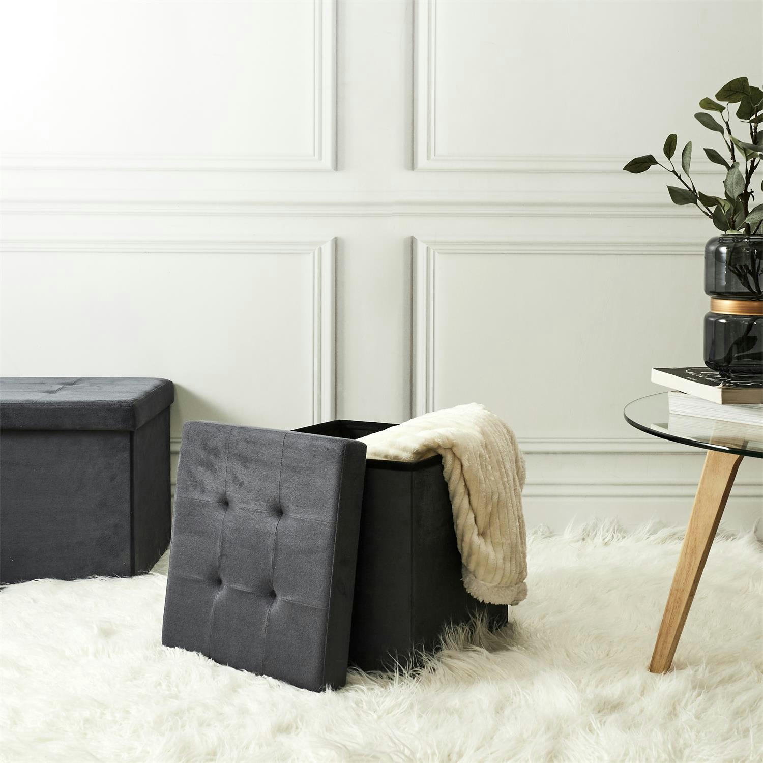 - Pouf coffre de rangement capitonné gris