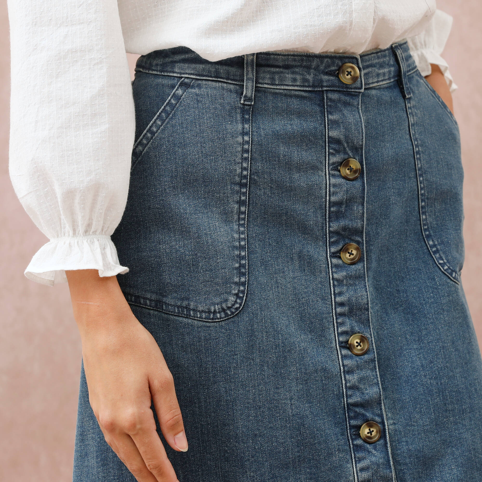 Jupe longue évasée boutonnée devant, denim stretch