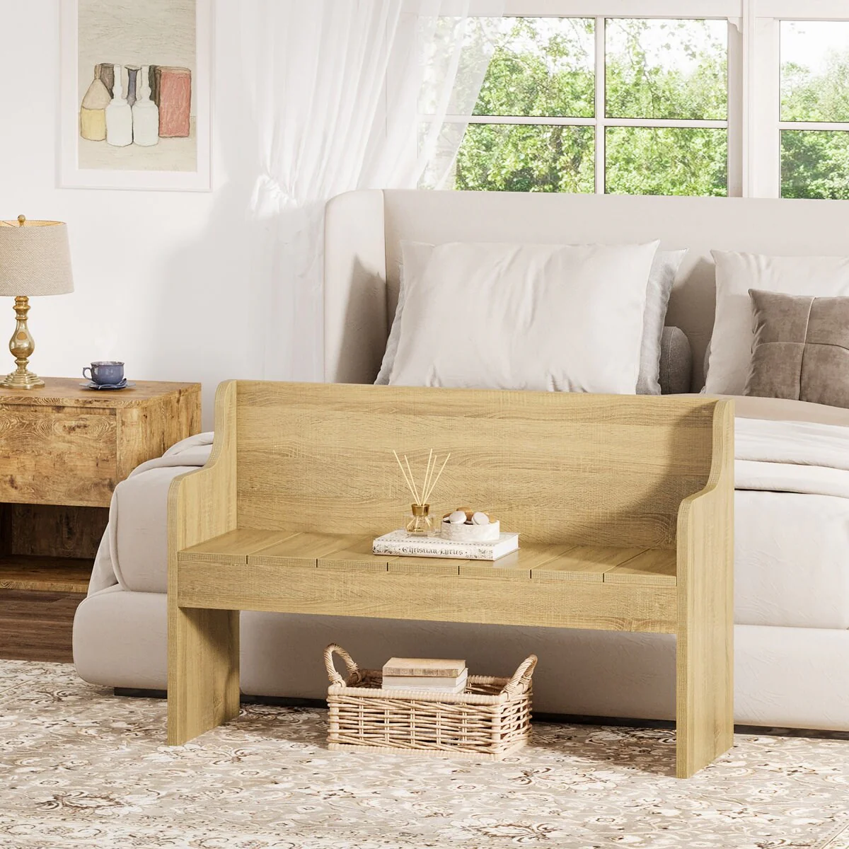 Farmhouse Wooden Shoe Bench with Back for Entryway