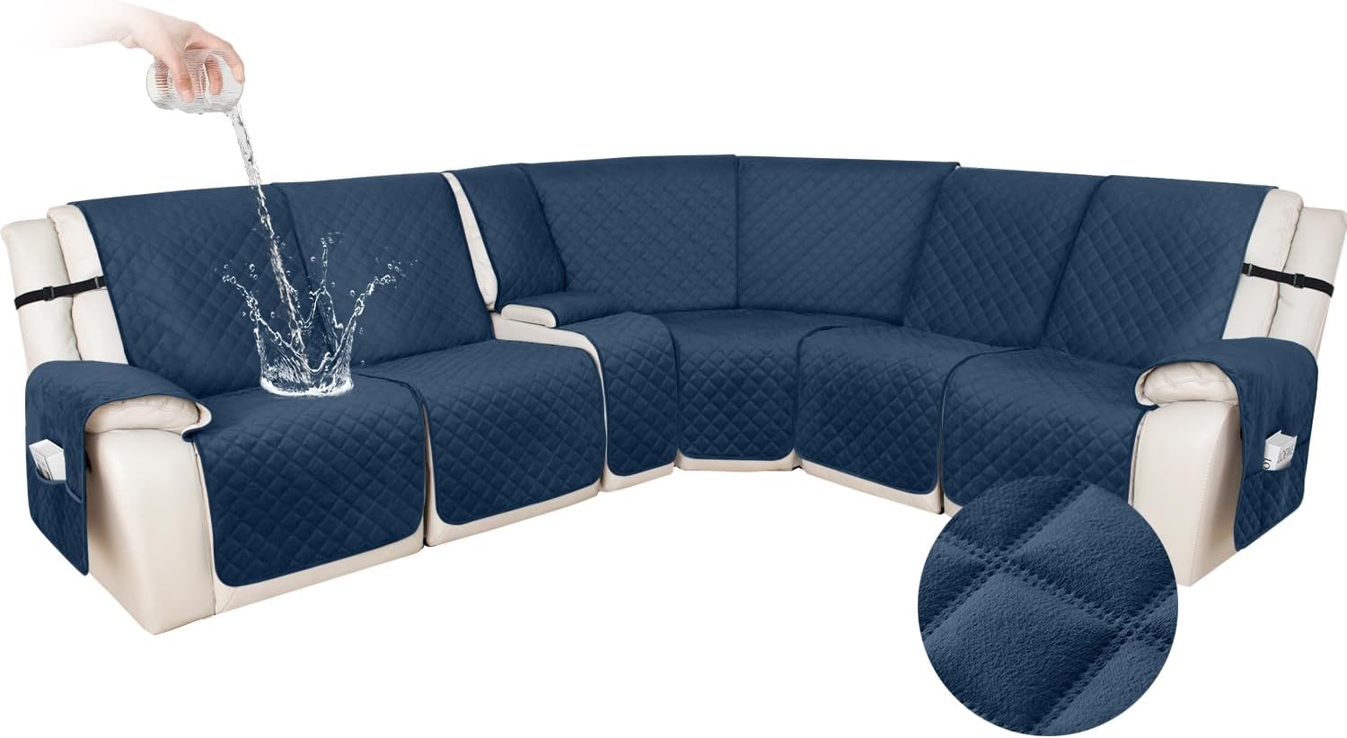 HDCAXKJ 100% Waterproof Velvet Recliner Sectional Couch Covers L Shaped Corner Reclining Sofa Cover Washable Thick Non Slip Sectional Slipcover with Pockets (5 Seat and 1 Middle Console, Dark Blue)