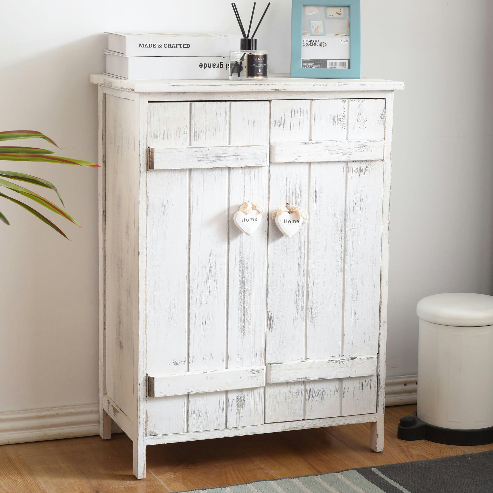 - Commode avec boutons en forme de coeur à 2 portes en bois blanc
