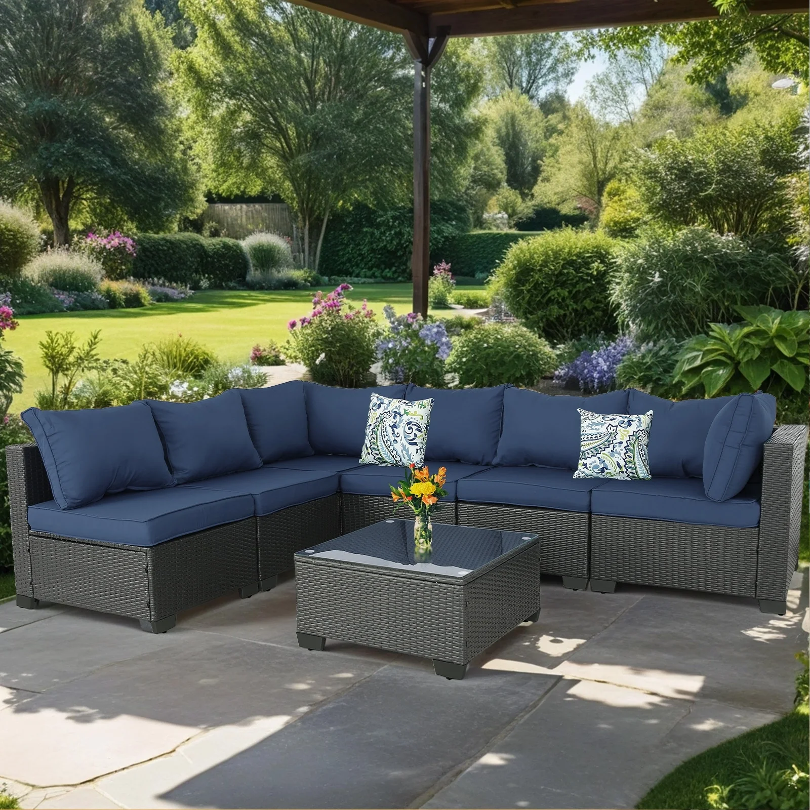 7-Piece Wicker Outdoor Sectional Set with Glass Table and Cushions
