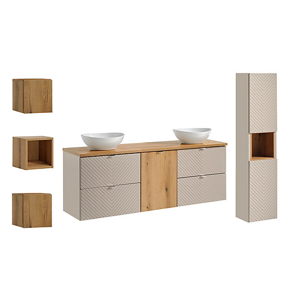 Ensemble meuble double vasque 160cm 4 tiroirs colonne et 3 armoires murales Manoa Cachemire et Bois