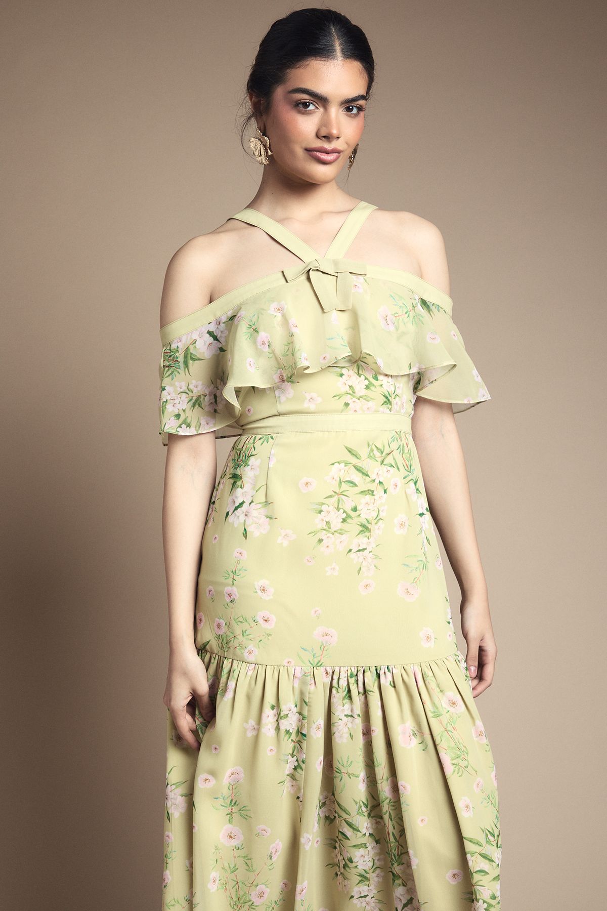 Oasis Bow Detail Halter Neck Bardot Dress