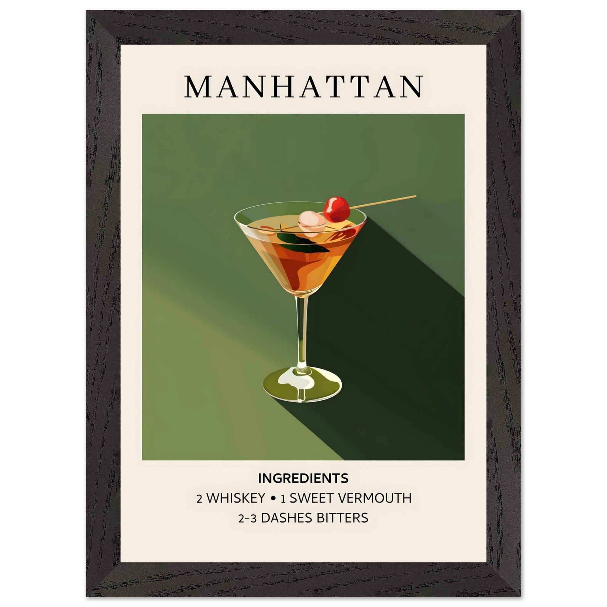 Artfulprints Poster met Lijst Manhattan cocktail - Ingrediënten  - A4 21x29.7 cm - Groen